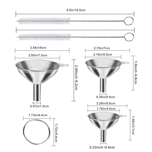 Metal Stainless Steel Funnel, Large Medium Small Funnel Set of 3, Food Grade Mini Funnels for Kitchen Use Filling Bottles Flask Cooking, 2 Brushes YLYL
