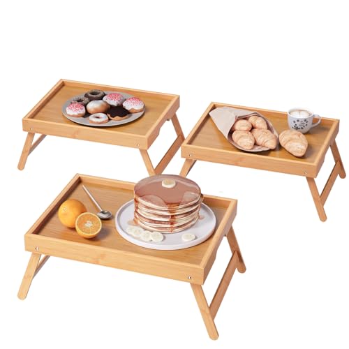 VERTORGAN 3 Pack Bamboo Bed Tray Table with Folding Legs,Breakfast Trays,Serving Tray,Laptop Tray for Working,Food Snack Tray for Bed and Sofa(Natural)