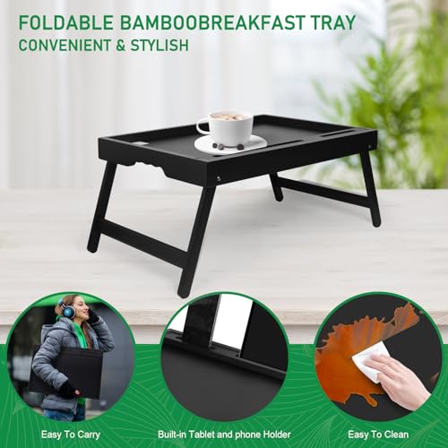Bed Tray Table with Handles Folding Legs,Bamboo Breakfast Food Tray with Media Slot,Use As Platter,Laptop Desk,Snack,TV Tray Kitchen Serving Tray Black Large