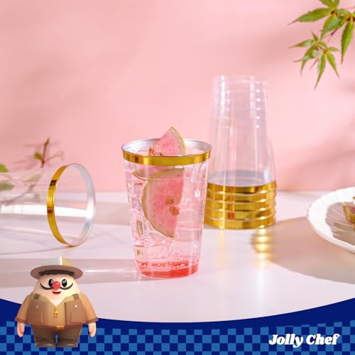 JOLLY CHEF 100 Pack Gold Plastic Disposable Cups, 12 oz Clear Plastic Cups Tumblers, Elegant Gold Rimmed Disposable Glasses for Wedding, Thanksgiving Day, Christmas