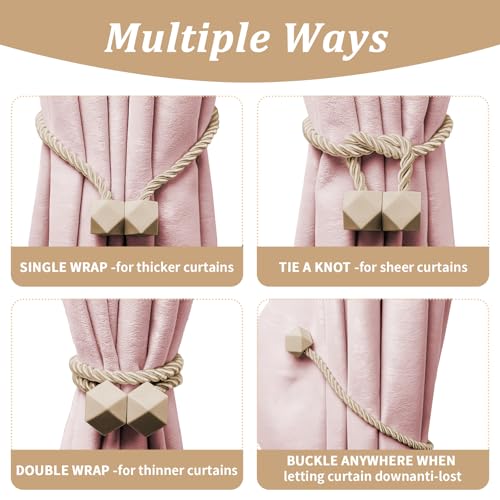 4Pack-Magnetic Curtain Tie Backs - Reinforced Thick Twist Rope with Strong Neodymium Magnets - Decorative Handmade Drapery Holders for Windows