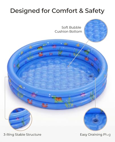 Baby Pool for Toddlers 1-3 with Bubble Bottom, Inflatable Kiddie Pool for Kids with Easy Drain Plug, Small Blow Up Pool for Backyard Summer Water Play, Durable Kids Swimming Pool (Blue)