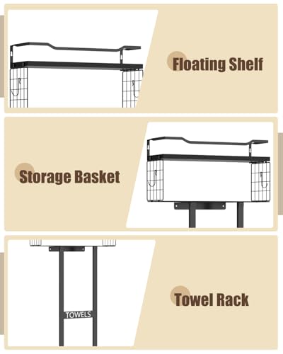 Towel Racks for Bathroom 31inch Wall Mounted Towel Rack,Floating Shelf with Wood Plank,Towel Storage for Bathroom can Holds 6 Large Rolled Towels,All Black