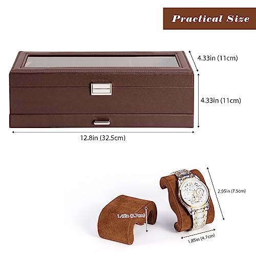 ProCase Watch Box, Fathers Day Gift for Dad, 6 Slot Watches Display Case with Drawer, Mens Watch Case with Glass Lid, 2-Layer Mens Jewelry Organizer Storage Holder -6 Slot, Espresso