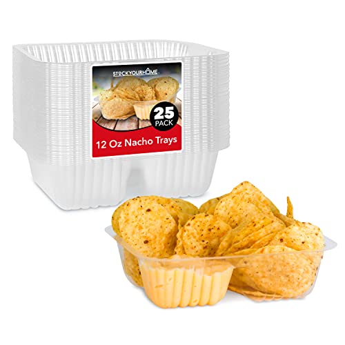 12oz Plastic Nacho Trays (100 Pack) Small Disposable Tray for Nachos & Cheese Dip, Concession Stand Supplies, Movie Night Snacks for Kids, Carnival Party Decorations, Food Boats, Snack Containers…