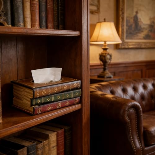 Crafted Classical Retro Wooden Antique Book Tissue Box Cover Rectangular Tissue Holder Dispenser Paper Cover Case Napkin Holder Home Decor for Bathroom Living Room Office car Kitchen