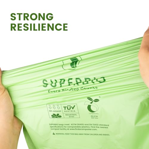SUPERBIO 13 Gallon Compostable Drawstring Kitchen Waste Bag, 49.2 Liter, 30 Count,1 Mil, Heavy Duty Food Scrap Bags, BPI, Seedling and OK compost INDUSTRIAL