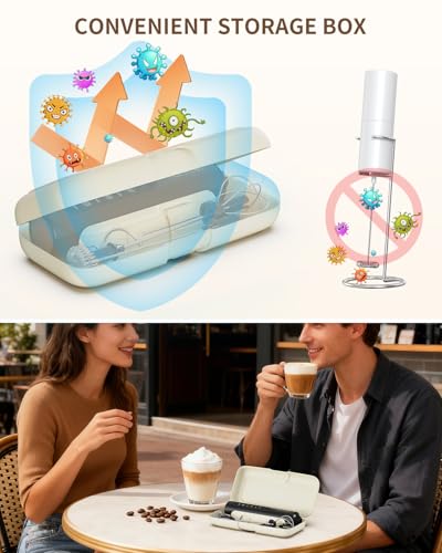 CIRCLE JOY Rechargeable Handheld Milk Frother Wand with Stand, 3 Variable Speeds, 3 Whisks and Storage Box, Electric Drink Mixer for Latte, Cappuccino, Hot Chocolate, Eggs and Protein Powder, Black