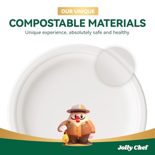 JOLLY CHEF Compostable Heavy Duty Plates 𝟭𝟬 𝗜𝗻𝗰𝗵 [𝟭𝟮𝟱 𝗣𝗮𝗰𝗸] Eco-Friendly Disposable White Paper Plates Made of Bagasse Biodegradable for Party Dinner Sugarcane Fibers Thanksgiving Day