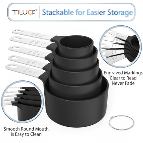 TILUCK Measuring Cups & Spoons Set, Stackable Cups and Spoons, Nesting Measure Cups with Stainless Steel Handle, Kitchen Gadgets for Cooking & Baking (Black)