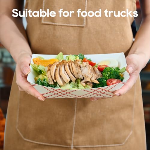 ECOLipak 100 Pack 3lb Paper Food Tray Red, Disposable Paper Boats, Food Holder Trays, Serving Boats for Taco Nacho Hot Dog Snack Fries Dessert Popcorn Sauce