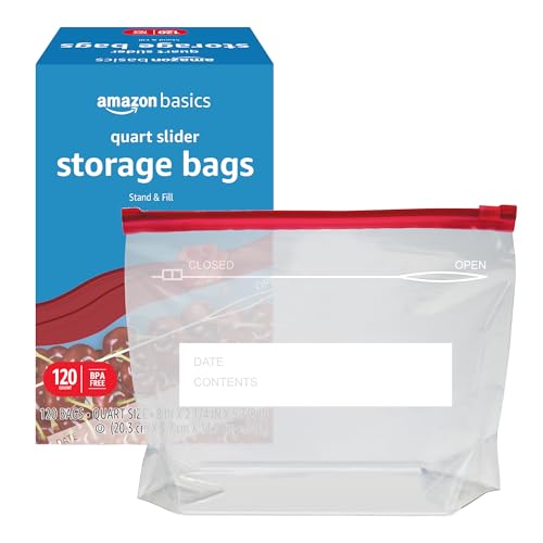 Basics Slider Quart Food Storage Bags with Stand-Up Bottom, Easy to Fill, BPA Free, 120 Count (Previously Solimo)
