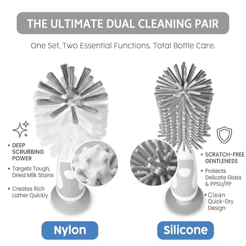 Ariseno 5-in-1 Baby Bottle Cleaner Set, Including Nylon & Silicone Bottle Brush, Cap, Straw & Nipple Brushes, BPA-Free (Grey)