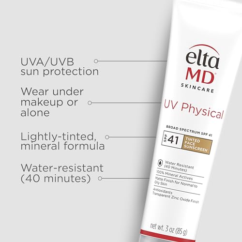 EltaMD UV Physical Tinted Sunscreen SPF for Face, 100% Mineral Active Sunscreen, Transparent Zinc Oxide Finish