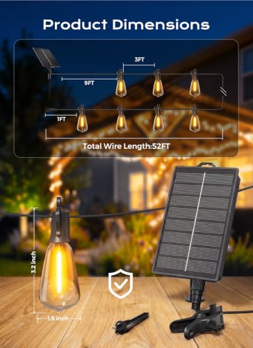 Brightown 52FT Solar String Lights Outdoor Waterproof, Last 30+ Hrs Runtime