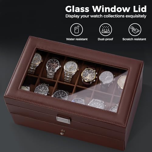 ProCase Watch Box, Fathers Day Gift for Dad, 12 Slot Mens Watch Case With Drawer, 2-Layer Watch Display Case With Glass Lid, Mens Jewelry Box Storage Holder Organizer -12Slot, Espresso