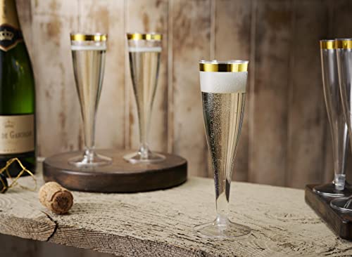 Munfix 100 Pack Gold Plastic Champagne Flutes, 5 Oz Clear Plastic Toasting Glasses Fancy Disposable Wedding Party Cocktail Cups with Gold Rim