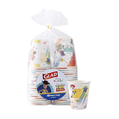 Glad for Kids Disney Pixar Toy Story Disposable Paper Cups, Light Beams - Heavy Duty Soak-Proof Kid-Friendly Drinking Cups, Great for Everyday Meals and Snacks, 9 oz, 40 Count