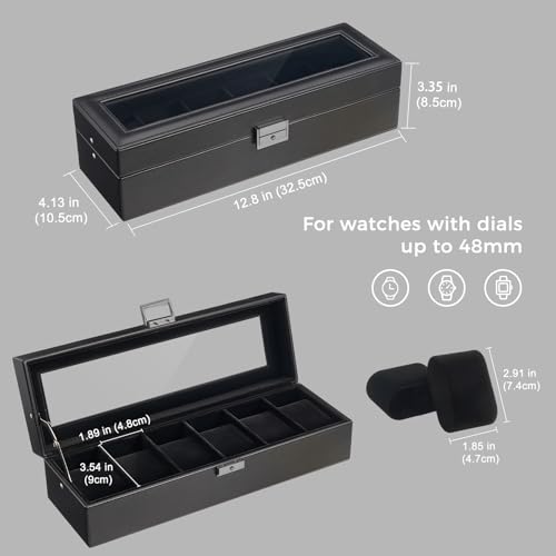 ProCase 6 Slot Watch Case Box for Men, PU leather Man Watch Organizer with Soft Pillow, Lockable Watch Collection Storage Holder with Glass Display Lid, Fathers Day Gift for Dad -AllBlack