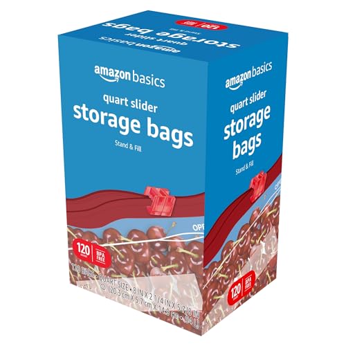 Basics Slider Quart Food Storage Bags with Stand-Up Bottom, Easy to Fill, BPA Free, 120 Count (Previously Solimo)