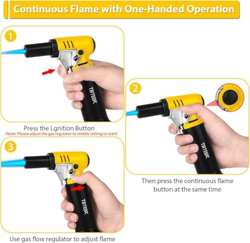 TBTeek Butane Torch with Fuel Gauge T907, One-hand Operation Kitchen Torch Lighter with Adjustable Flame for BBQ, Baking, Brulee Creme, Crafts and Soldering(Butane Gas Not Included)