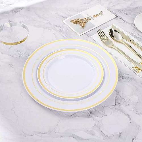 BESTVIP 200PCS Gold Plastic Plate, Disposable Party Plates with 100 Dinner Plates and 100 Dessert Plates, Plastic Plates for Party, Wedding and Birthday