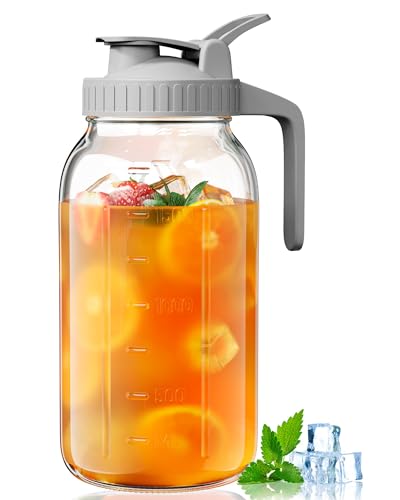 OneDream Glass Pitcher with Lid – 64oz Glass Mason Jar Pitcher with Wide Mouth, Airtight Seal, Leak-Proof, Spout Design – Ideal for Iced Tea, Sun Tea, Cold Beverages, and Home Entertaining