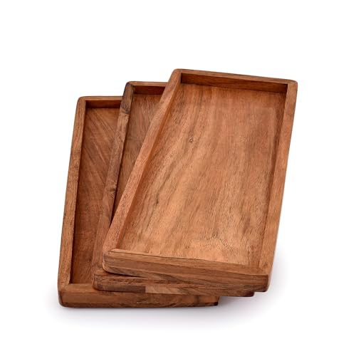 NIRMAN Acacia Wood Rectangular Wooden Platters for Home Decor, Food, Vegetables, Fruit, Charcuterie, Appetizer Serving Tray (13" x 5.5" x 0.75") (Set of 3)