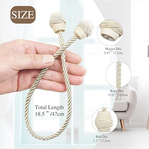 Curtain Tiebacks Magnetic Rope Tie Backs Handmade Curtains Holders for Drapes Outdoor Decorative Window Holdbacks, Beige 4Pack
