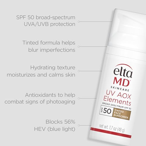 EltaMD UV AOX Elements Tinted Face Sunscreen, SPF 50, 100% Tinted Mineral Sunscreen for Sensitive Skin and Dry Skin with Antioxidants, 1.7 oz Pump