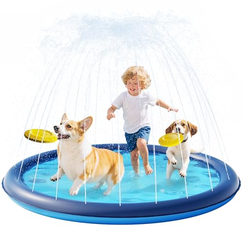 QPAU Splash Pad with Flying Disc for Dogs & Kids – 67" Extra-Thick 0.52mm Non-Slip Sprinkler Pool, Leakproof Water Play Mat for Toddlers, Babies, Pets, Outdoor Summer Toy
