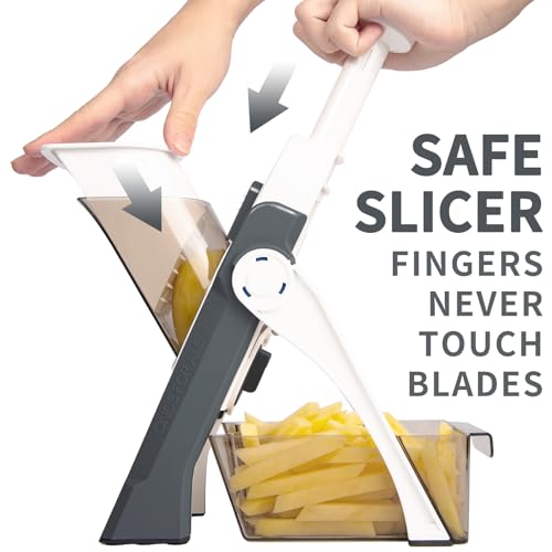 ONCE FOR ALL Safe Mandoline Slicer 5 in 1 Vegetable Chopper Food Potato Cutter, Strips Julienne Dicer Adjustable Thickness 0.1-8 mm Kitchen Chopping Artifact Fast Meal Prep (Gray)