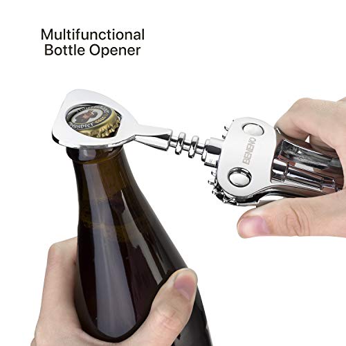 Beneno Wine Opener, Zinc Alloy Premium Wing Corkscrew with Multifunctional Bottles Opener, Sharp Wine Corkscrew with Ergonomic Non-Slip Wing Handle, Silver