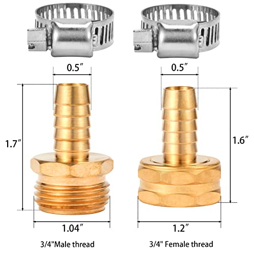 Brass Garden Hose Connector Repair Mender Kit with Stainless Clamp,Fits 1/2" Water Hose Fitting (1/2" Barb x 3/4" GHT)