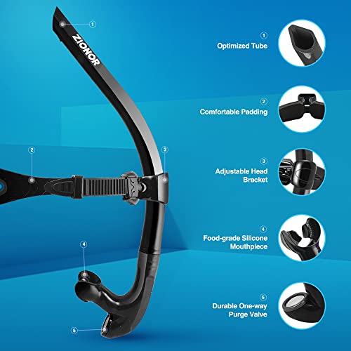 ZIONOR Swim Snorkel for Lap Swimming Adult, Front Snorkel Tube Swimming Training, Comfortable Mouthpiece One-Way Purge Valve for Pool, Outdoors