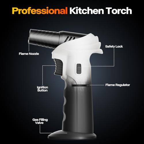 Butane Torch Lighter, 0-90°Rotating Angle Butane Lighter, Refillable Kitchen Torch with Safety Lock, Adjustable Flame for Soldering (White and Black)