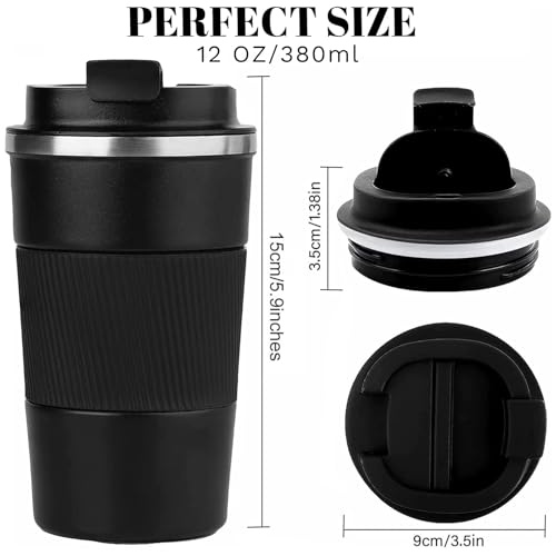 YINBAOGE Insulated Travel Coffee Mug, Spill & Leak Proof, Portable To Go Camping Stainless Steel Coffee Tumbler, Reusable Thermal Coffee Cup with Lid for Hot & Cold Drinks (Black, 12 OZ)