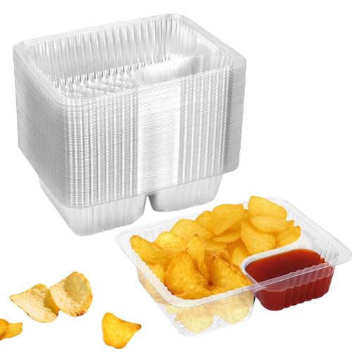 100 Pcs 12oz 6.5''x5'' Plastic Nacho Trays, Small Disposable Tray for Nachos & Cheese Dip, Clear Nacho Containers for Chip, 2 Compartment Movie Night Snack Trays Great for Snacks, Fair Foods