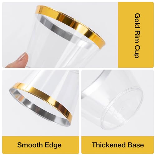 Goodluck 100PCS 9oz Gold Plastic Cups for Party, Disposable Gold Rim Cups, Plastic Cocktail Glasses for Wedding Thanksgiving, Christmas, and Parties