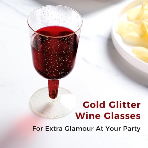 TENYASEN 30 Pack 6oz Plastic Wine Glasses – Disposable Gold Glitter Mini Stemware with Removable Base for Weddings, Parties, Champagne, Toasting