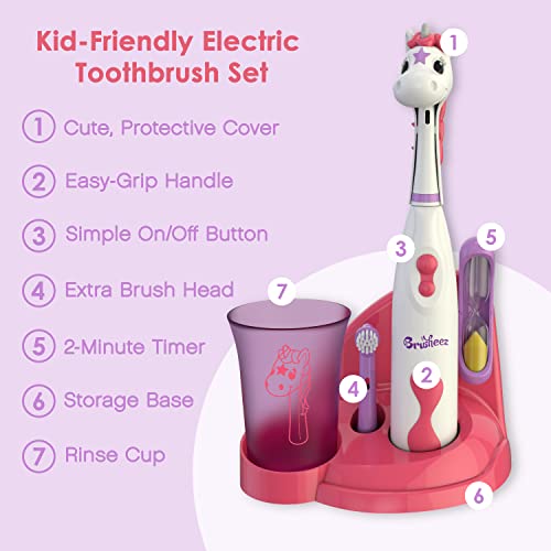 Brusheez Kids’ Electric Toothbrush Set - Safe & Effective for Ages 3+ - Parent Tested & Approved with Gentle Bristles, 2 Brush Heads, Rinse Cup, 2-Minute Timer, & Storage Base (Sparkle the Unicorn)
