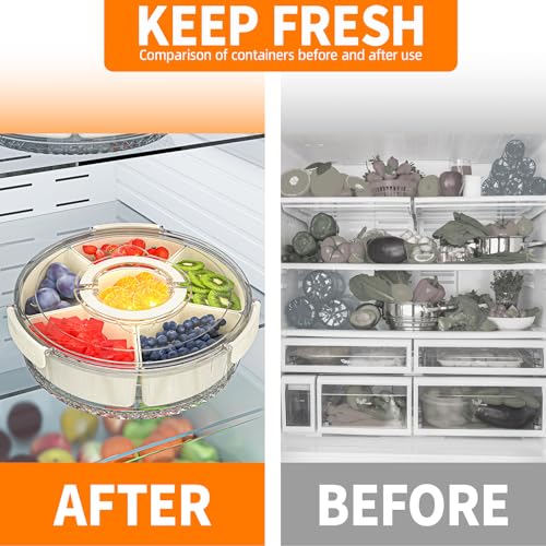 Divided Serving Tray with Lid and Handle, Stackable Snackle Box Container for Fruits Candy Organizer, Portable Spinning Rounded Veggie Tray for Kitchen, Party, Trave and Picnic-1 PACK