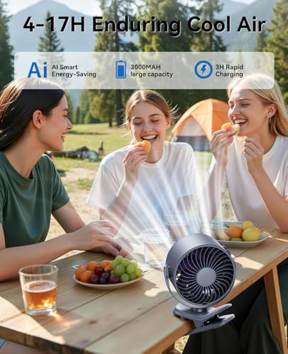 KIMMOO Portable Clip on Fan, 100-Speed Rechargeable USB Fan with LED Display, 360° Rotation & Strong Airflow Desk Fan, Up to 17 Hours Small Battery Fan for Outdoor Travel Camping Treadmill Car (Grey)