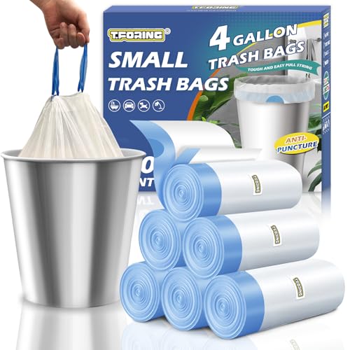 Small Trash Bags 4 Gallon with Drawstring, 1.1 Mil 15 Liter White Thick Unscented Small Plastic Garbage Bags for Bathroom, Wastebasket Liners for Toilet Home Office and Bedroom (4 Gal-120)