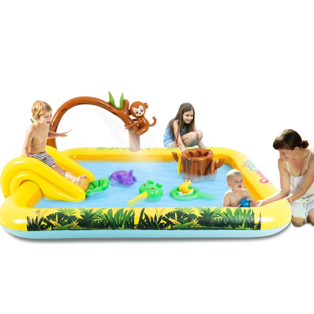 Inflatable Jungle Animal Play Center Outdoor Playhouse Inflatable Water Park with Kid Pool Slide, Sprinkler Toy with Base Pool, Monkey, Tree Stump for Garden Backyard