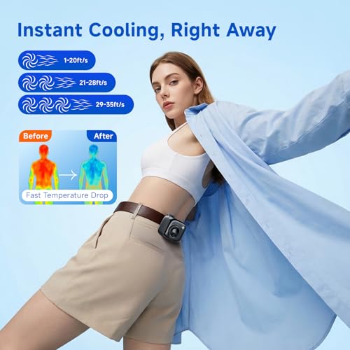 Portable Waist Fan, Rechargeable Wearable Fan w/ LED Display, 3 Speeds, 3000mAh Battery, 10H Runtime, Mini Turbo Airflow, Clip on Belt/Shirt/Hat, for Travel,Outdoor, Concert,Gift for Men Women-1 PACK