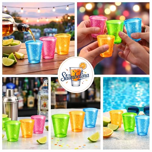 Stumbelina 100 COUNT (1 oz) NEON SPARKLE | PLASTIC SHOT GLASS CUPS | BRIGHT MULTI-COLOR Variety Pack | Disposable Party Mini Cups | Perfect for Jello Shots, Dessert Shooters, Parties, Weddings, Bars
