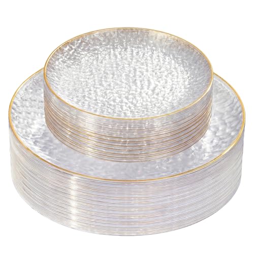 Rubtlamp 60Pcs Clear Plastic Plates,Clear Disposable Plates With Gold Rim,Heavy-duty Gold Plates,Hammered Party Plates Include 30Clear Dessert-Platos,30Dinner-Platos for Wedding, Party