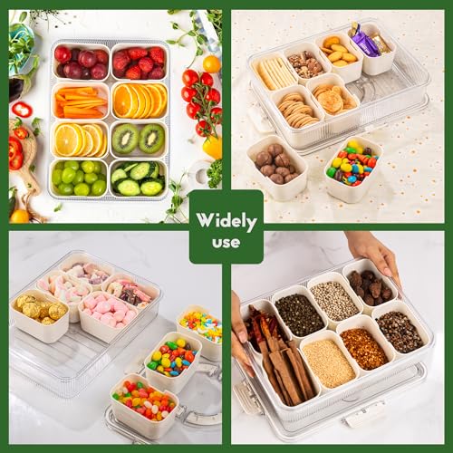 Patent Design Ribbed Snackle Box Container Snack Container Divided Serving Tray with Lid and Handle, 8 Divider Portable Snacklebox for Travel Beach for Charcuterie Veggie Fruit Candy,1 Pack