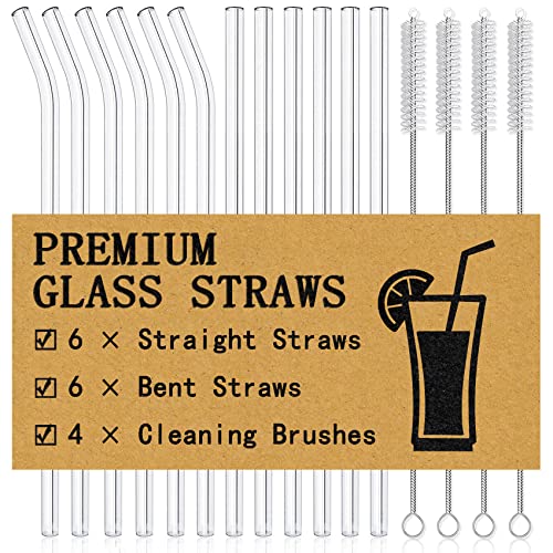 Piteno® 16-Pack Reusable Glass Straws Set, Clear Glass Drinking Straws, 8.5''x10MM, Set of 6 Straight and 6 Bent with 4 Cleaning Brushes, Perfect for Smoothies, Milkshakes, Juice, Tea